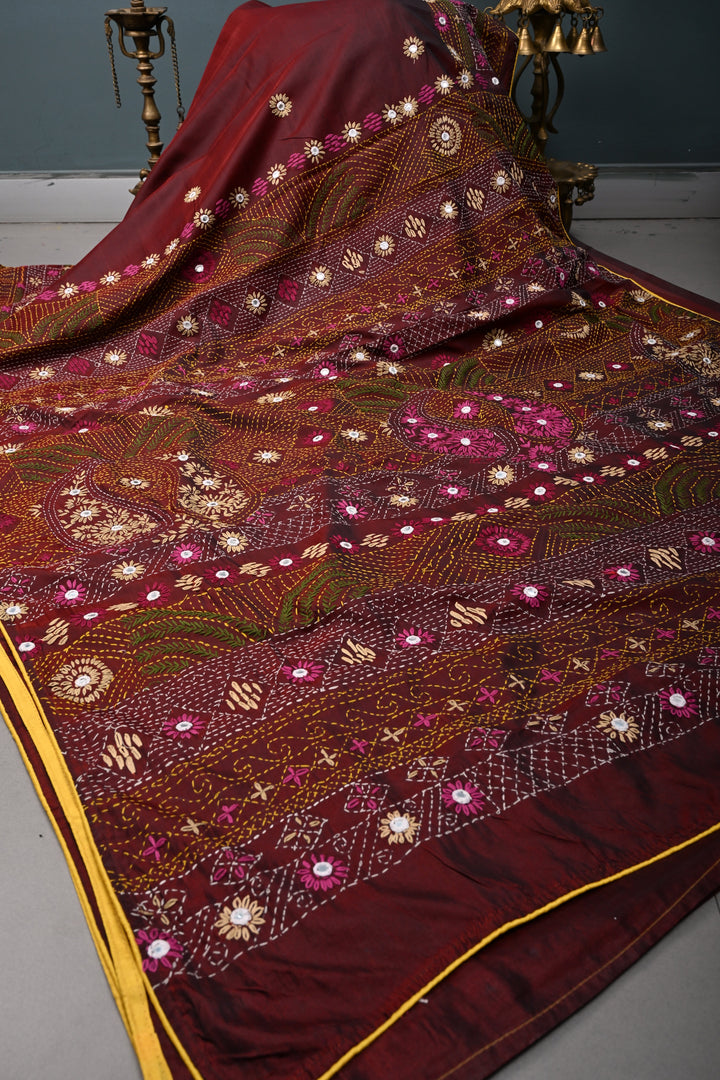 Maroon Dual tone Art Silk Saree with Kantha Hand Embroidery Design and Disk Mirror Embellishments