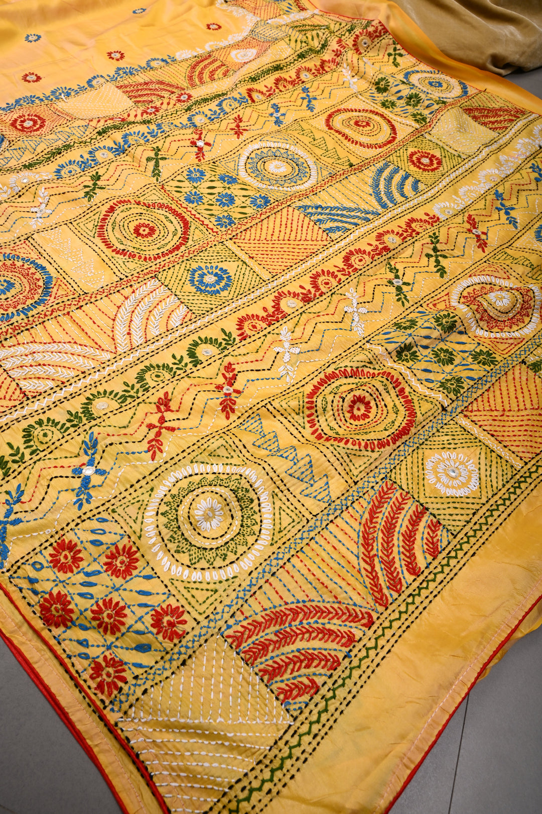 Mango Yellow Art Silk Saree with Kantha Hand Embroidery Design and Disk Mirror Embellishments
