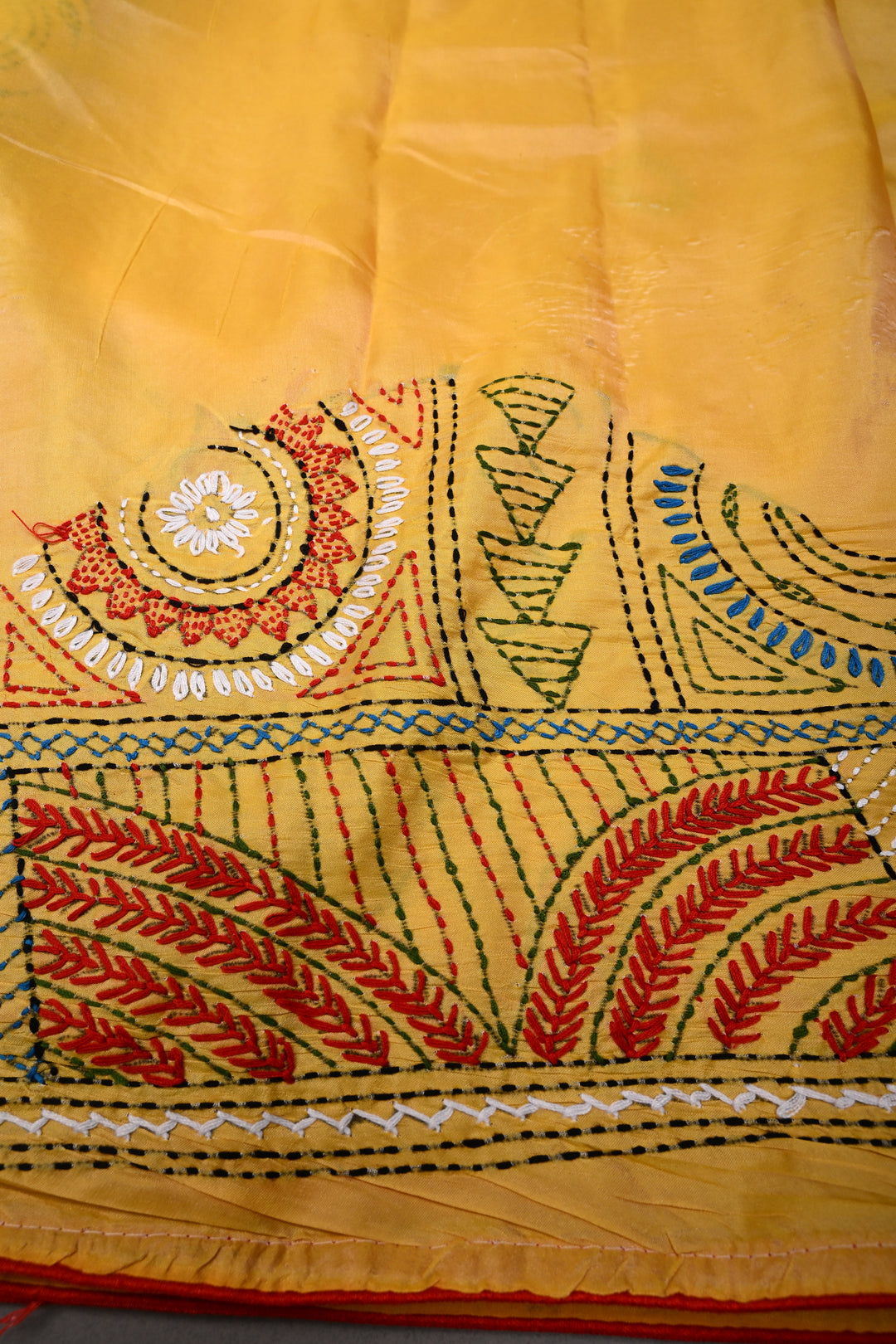 Mango Yellow Art Silk Saree with Kantha Hand Embroidery Design and Disk Mirror Embellishments