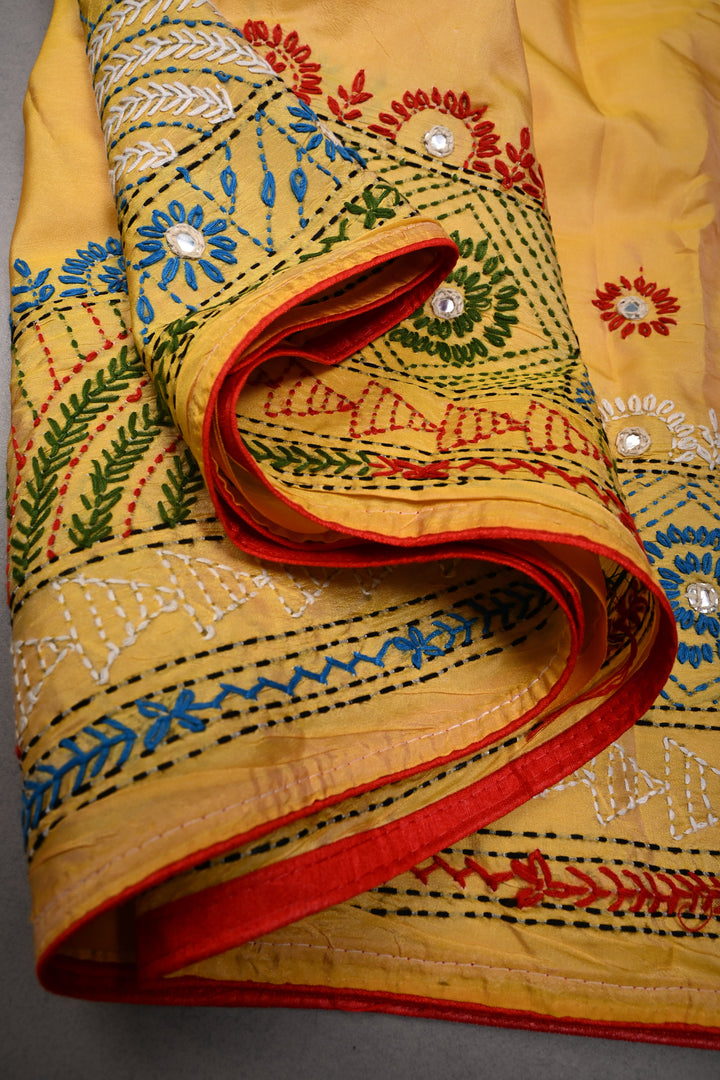 Mango Yellow Art Silk Saree with Kantha Hand Embroidery Design and Disk Mirror Embellishments