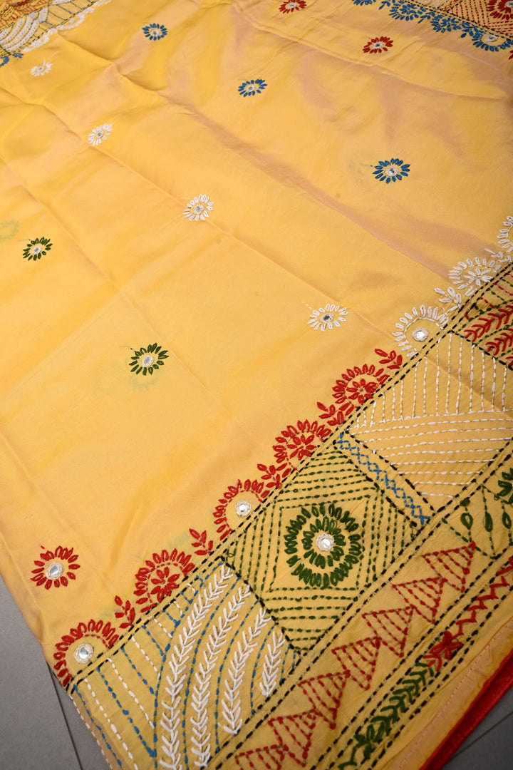 Mango Yellow Art Silk Saree with Kantha Hand Embroidery Design and Disk Mirror Embellishments
