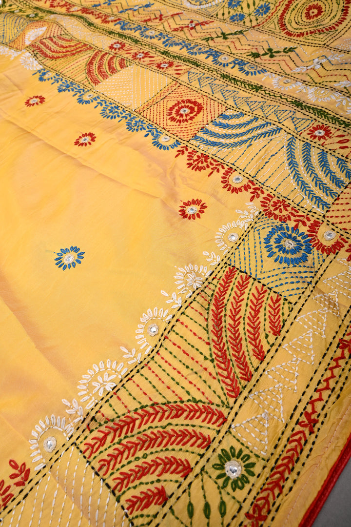 Mango Yellow Art Silk Saree with Kantha Hand Embroidery Design and Disk Mirror Embellishments