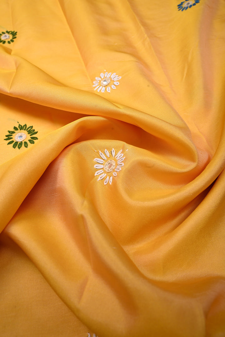 Mango Yellow Art Silk Saree with Kantha Hand Embroidery Design and Disk Mirror Embellishments