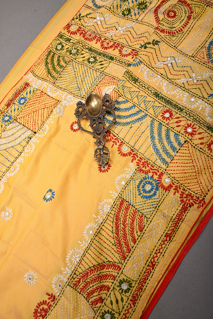 Mango Yellow Art Silk Saree with Kantha Hand Embroidery Design and Disk Mirror Embellishments