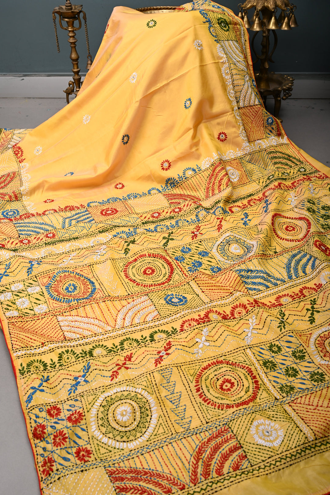 Mango Yellow Art Silk Saree with Kantha Hand Embroidery Design and Disk Mirror Embellishments