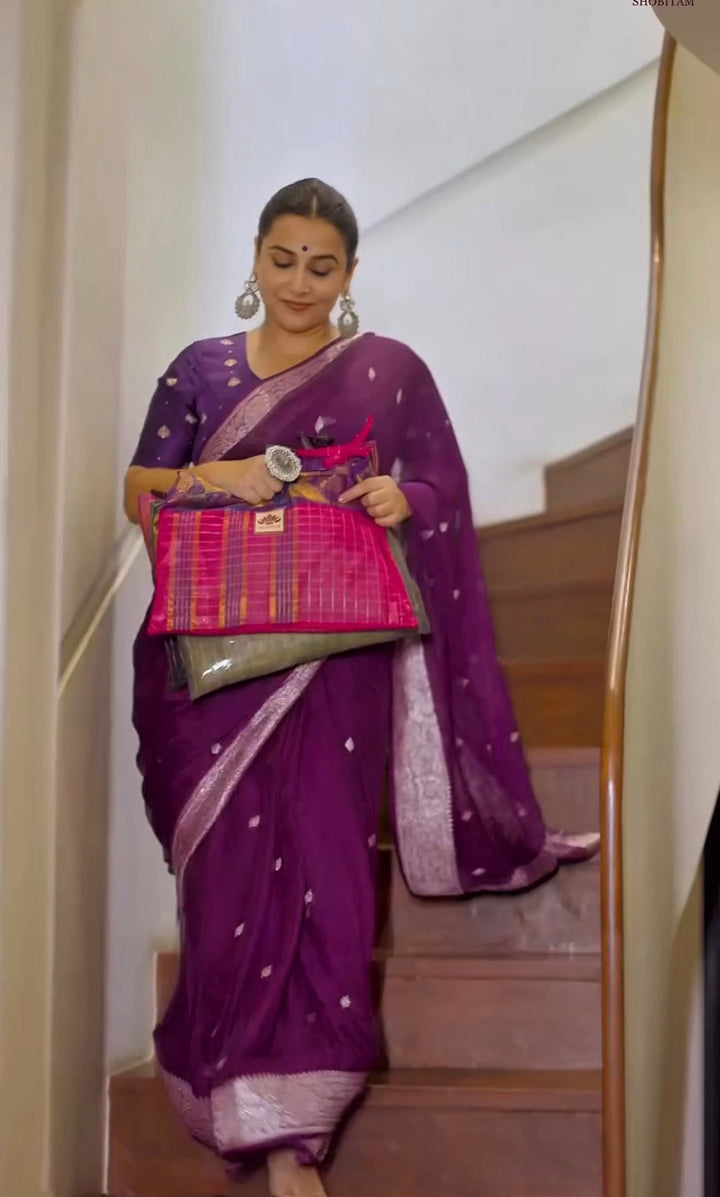 Pure Silk Chiffon Saree in Eggplant Purple with Silver Tone Zari Buttas & Zari Border | SILK MARK CERTIFIED