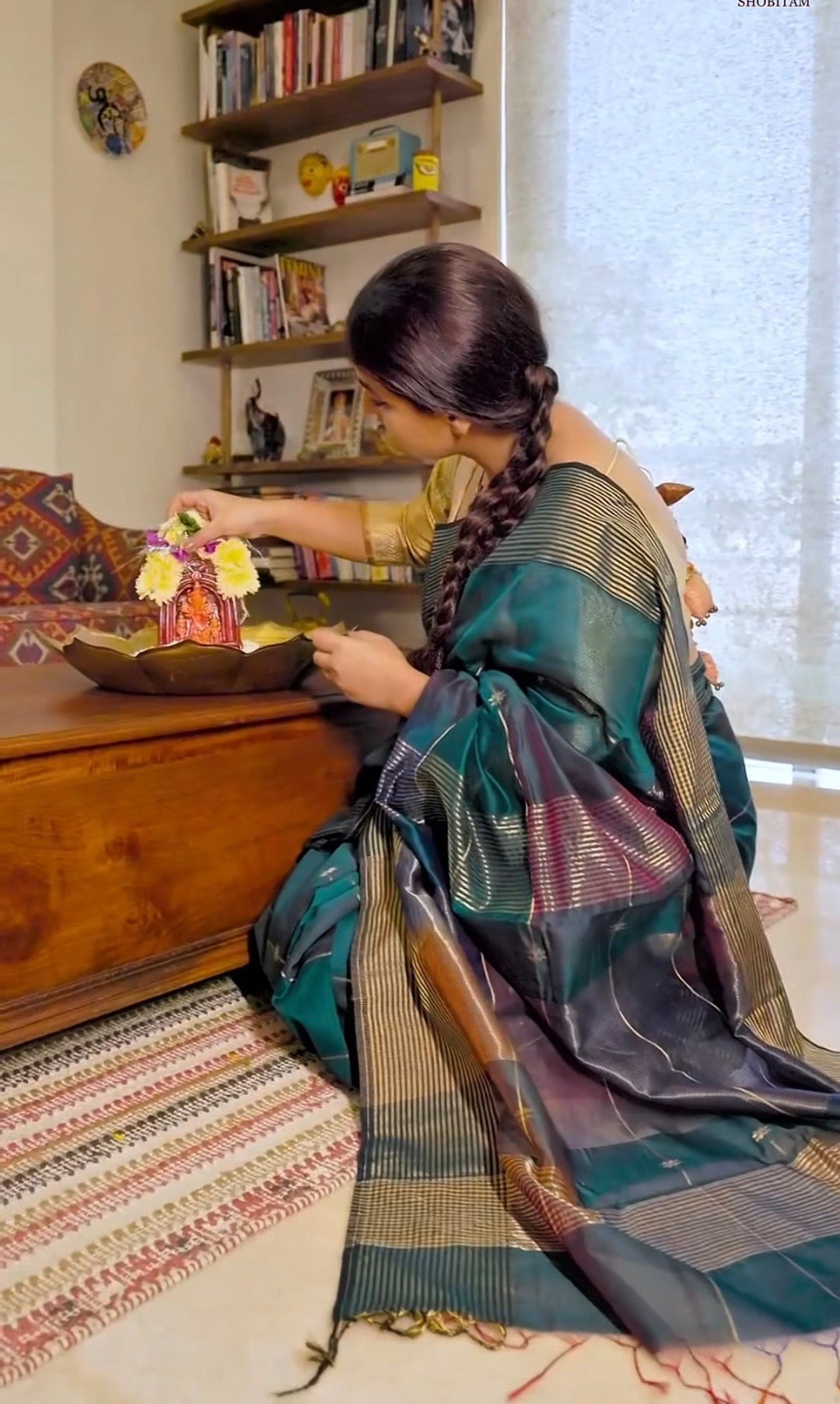 Peacock Green Ombre Handwoven Zari Stripes Maheshwari Silk Cotton Saree