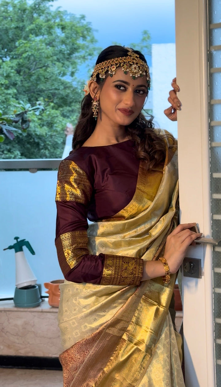 Golden Brocade Tissue Kanjivaram Pure Silk Saree With Zari Border | SILK MARK CERTIFIED