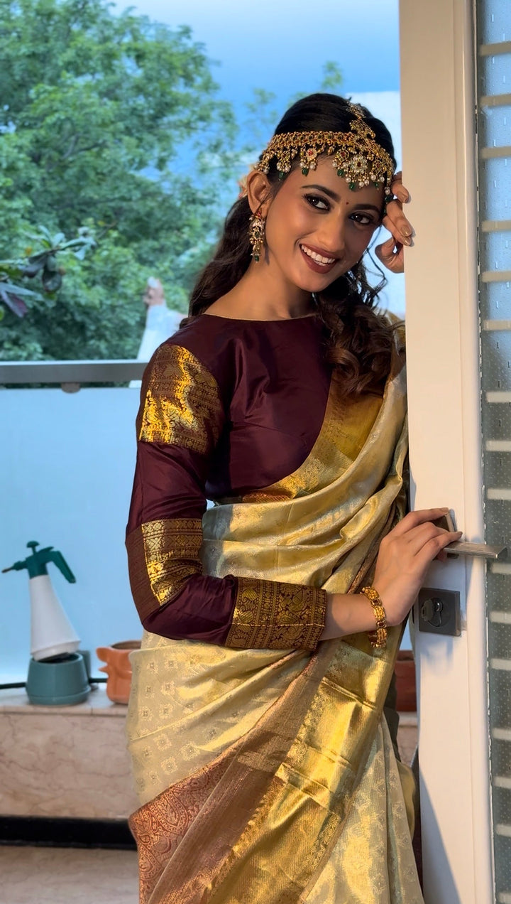 Golden Brocade Tissue Kanjivaram Pure Silk Saree With Zari Border | SILK MARK CERTIFIED