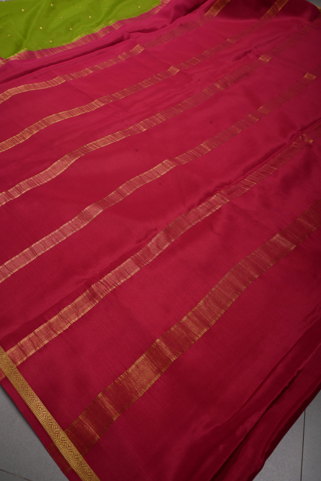 Sap Green Pure Mysore Silk Saree with Chunri Buttis and Contrast Wide Zari Border  | SILK MARK CERTIFIED | SHOBITAM