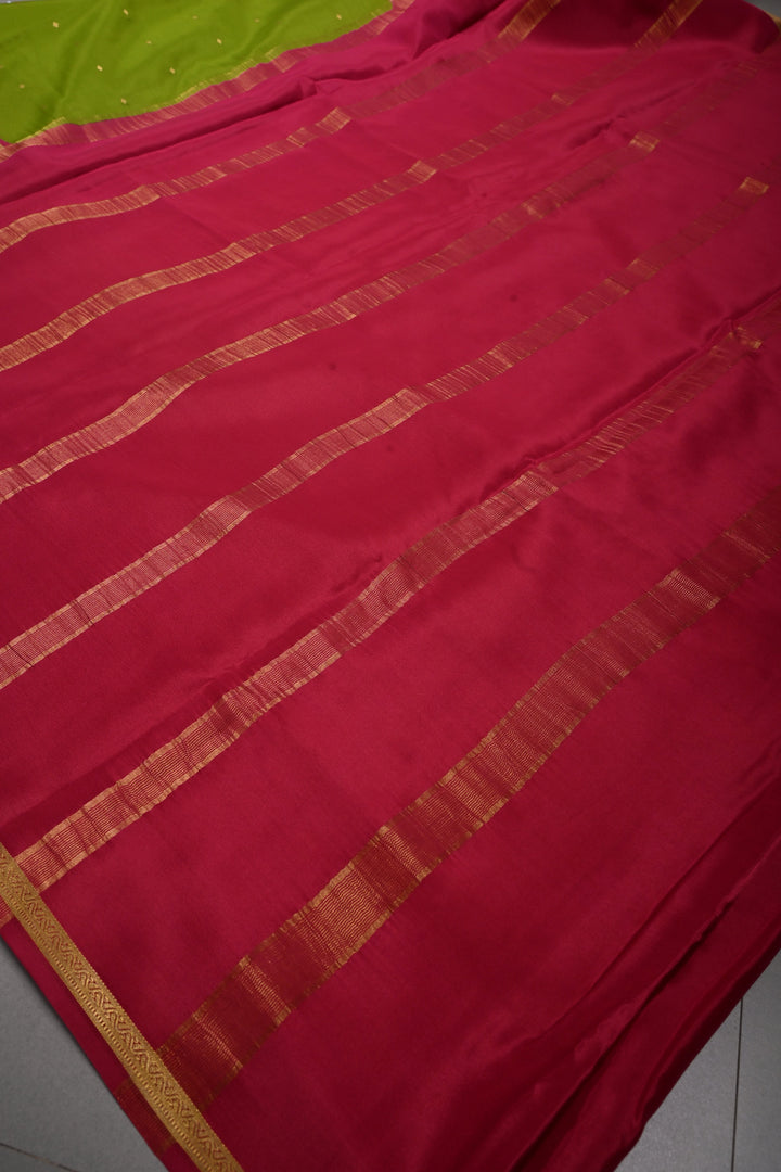 Sap Green Pure Mysore Silk Saree with Chunri Buttis and Contrast Wide Zari Border  | SILK MARK CERTIFIED | SHOBITAM