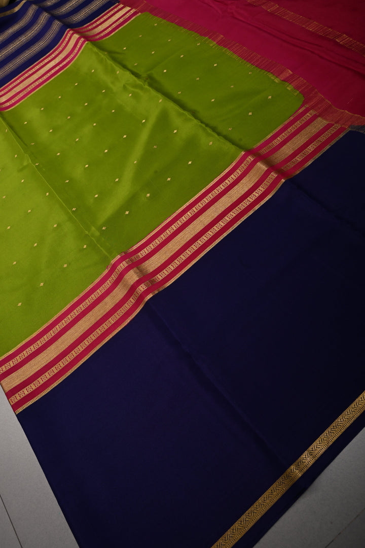 Sap Green Pure Mysore Silk Saree with Chunri Buttis and Contrast Wide Zari Border  | SILK MARK CERTIFIED | SHOBITAM