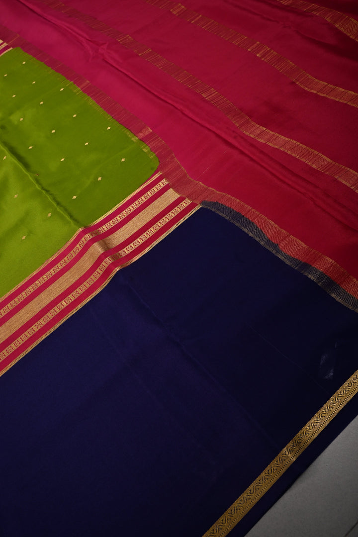Sap Green Pure Mysore Silk Saree with Chunri Buttis and Contrast Wide Zari Border  | SILK MARK CERTIFIED | SHOBITAM
