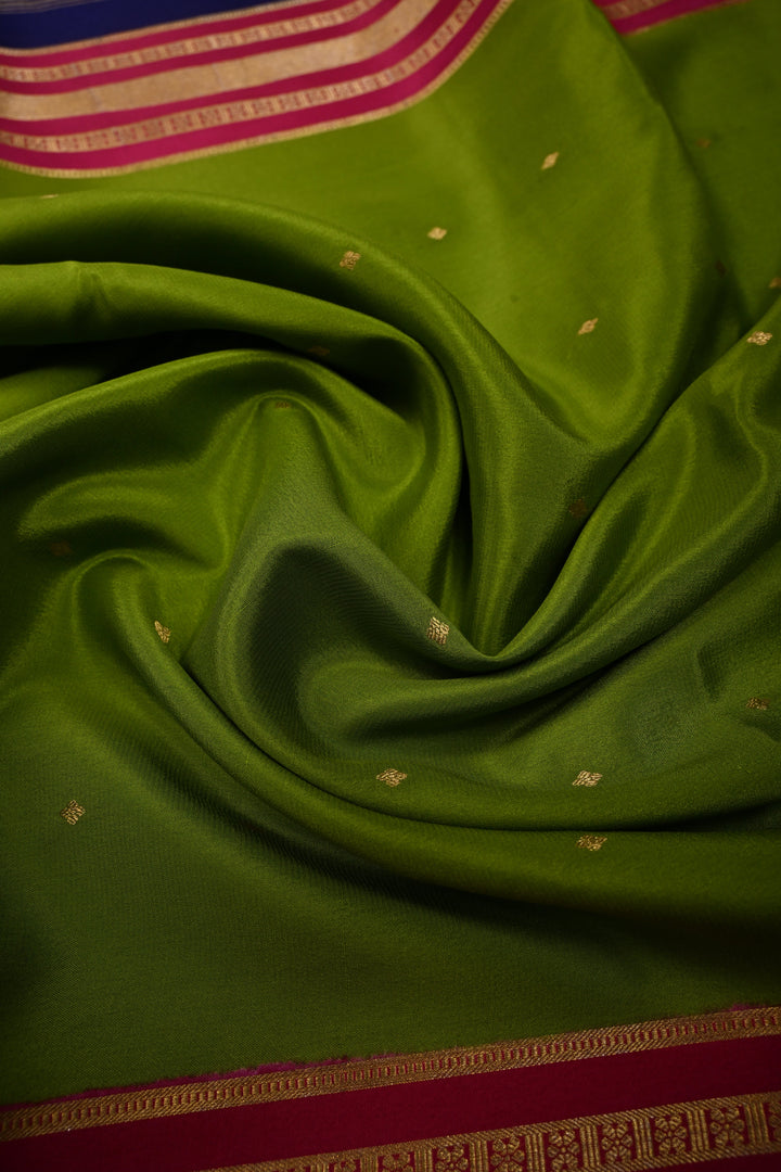 Sap Green Pure Mysore Silk Saree with Chunri Buttis and Contrast Wide Zari Border  | SILK MARK CERTIFIED | SHOBITAM