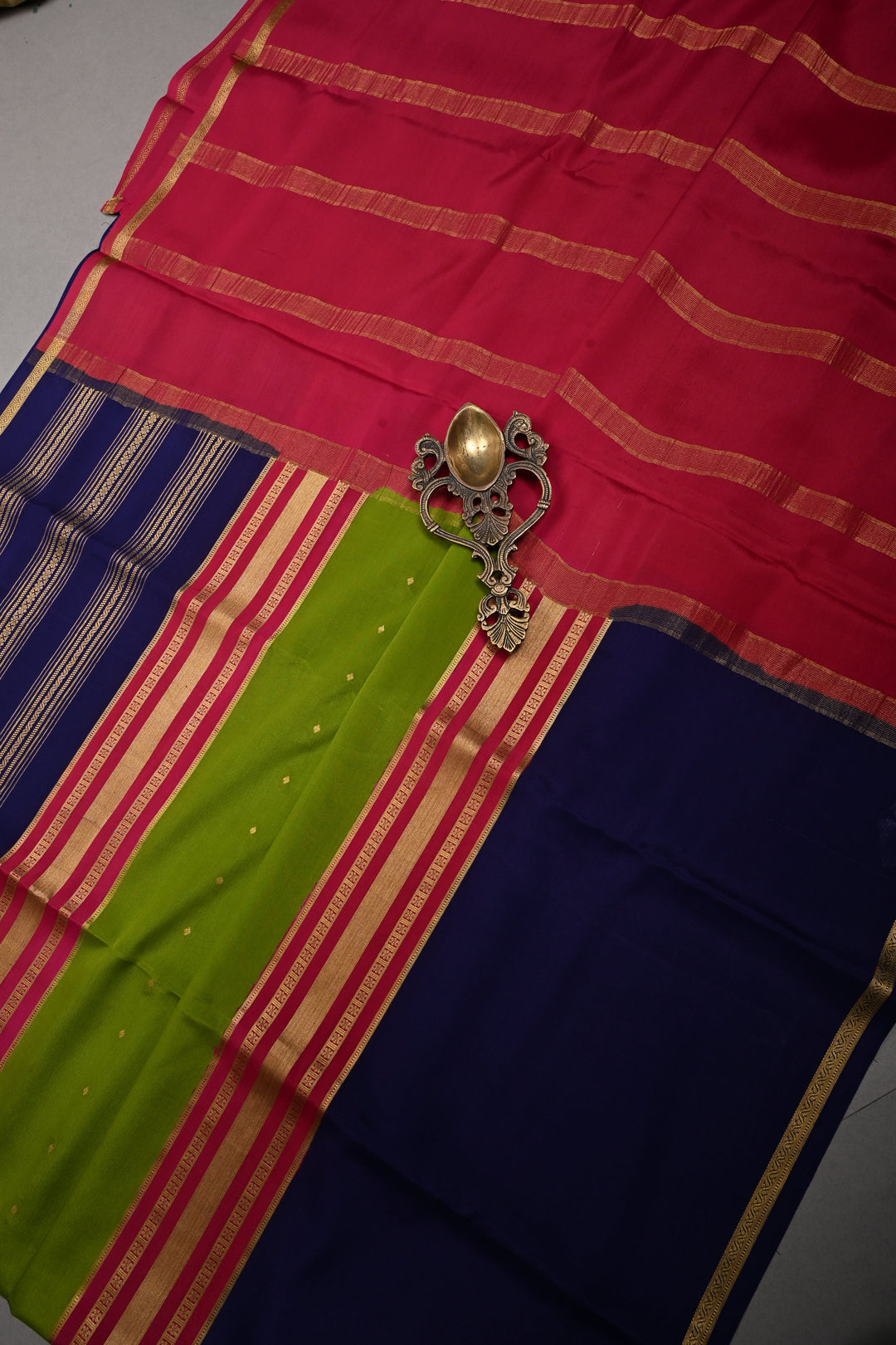 Sap Green Pure Mysore Silk Saree with Chunri Buttis and Contrast Wide Zari Border  | SILK MARK CERTIFIED | SHOBITAM