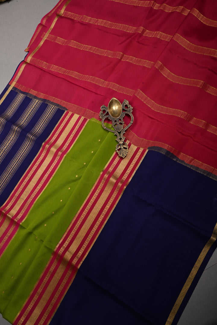 Sap Green Pure Mysore Silk Saree with Chunri Buttis and Contrast Wide Zari Border  | SILK MARK CERTIFIED | SHOBITAM