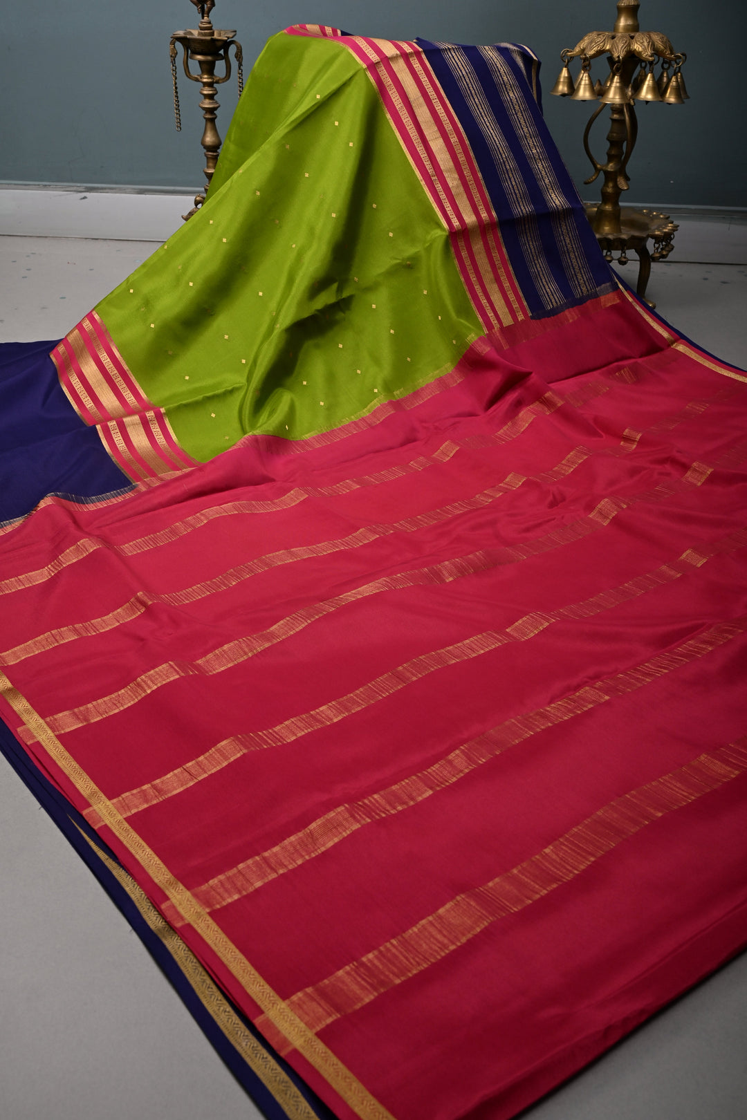 Sap Green Pure Mysore Silk Saree with Chunri Buttis and Contrast Wide Zari Border  | SILK MARK CERTIFIED | SHOBITAM
