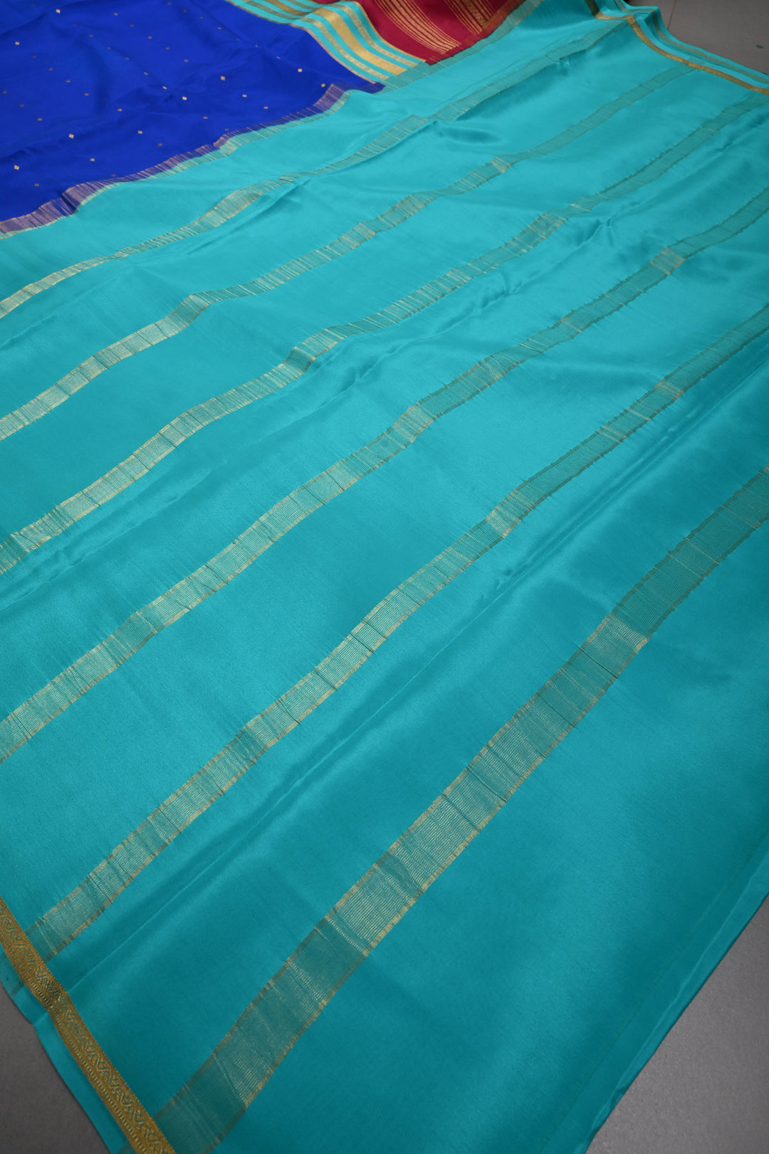 Royal Blue Pure Mysore Silk Saree with Chunri Buttis and Contrast Magenta Wide Zari Border  | SILK MARK CERTIFIED | SHOBITAM