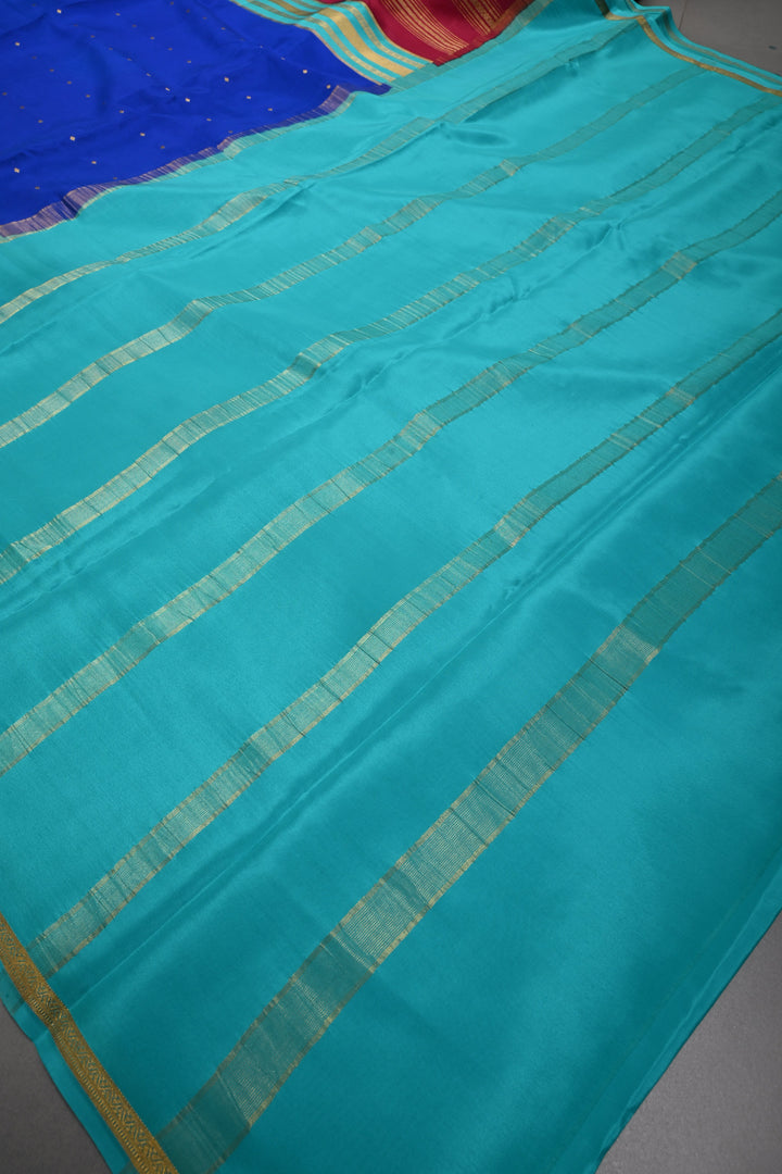 Royal Blue Pure Mysore Silk Saree with Chunri Buttis and Contrast Magenta Wide Zari Border  | SILK MARK CERTIFIED | SHOBITAM