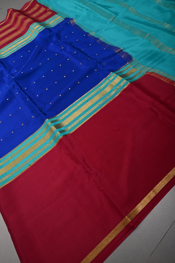 Royal Blue Pure Mysore Silk Saree with Chunri Buttis and Contrast Magenta Wide Zari Border  | SILK MARK CERTIFIED | SHOBITAM