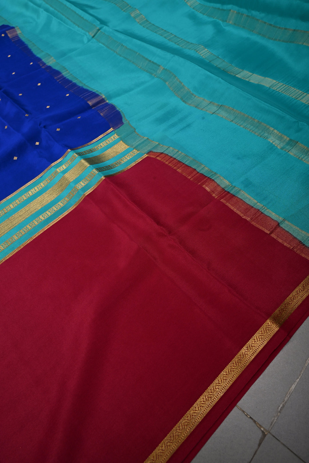 Royal Blue Pure Mysore Silk Saree with Chunri Buttis and Contrast Magenta Wide Zari Border  | SILK MARK CERTIFIED | SHOBITAM