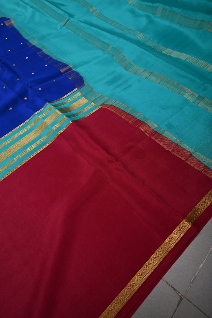 Royal Blue Pure Mysore Silk Saree with Chunri Buttis and Contrast Magenta Wide Zari Border  | SILK MARK CERTIFIED | SHOBITAM