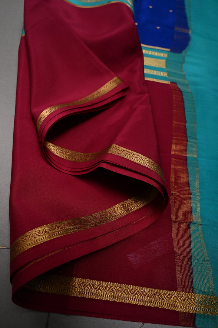 Royal Blue Pure Mysore Silk Saree with Chunri Buttis and Contrast Magenta Wide Zari Border  | SILK MARK CERTIFIED | SHOBITAM