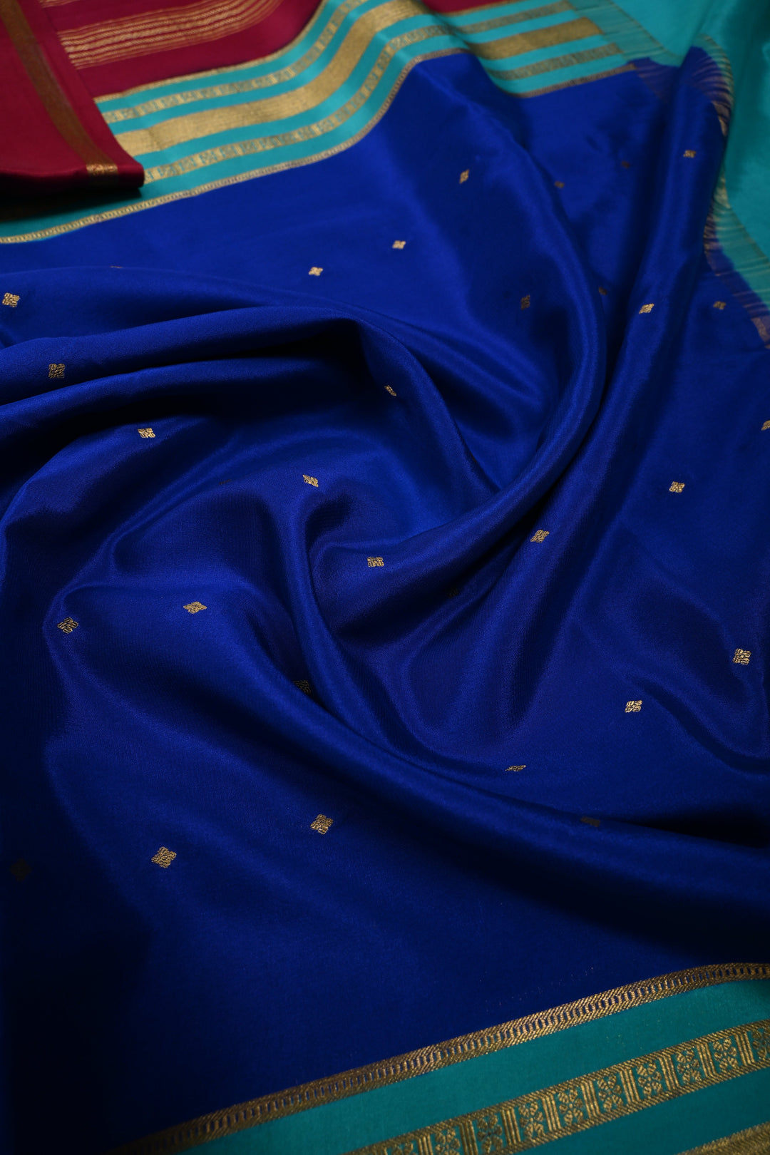 Royal Blue Pure Mysore Silk Saree with Chunri Buttis and Contrast Magenta Wide Zari Border  | SILK MARK CERTIFIED | SHOBITAM