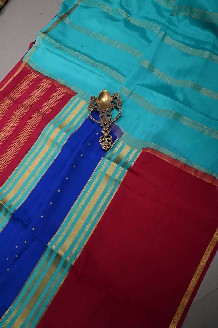 Royal Blue Pure Mysore Silk Saree with Chunri Buttis and Contrast Magenta Wide Zari Border  | SILK MARK CERTIFIED | SHOBITAM