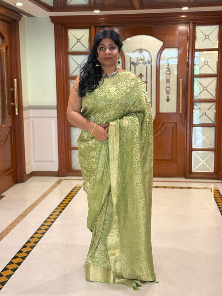 Pista Green Mysore Crepe Silk Saree with Rose Floral Brocade Jaal and Zari Border in KSIC Grade Thickness | SILK MARK CERTIFIED | SHOBITAM