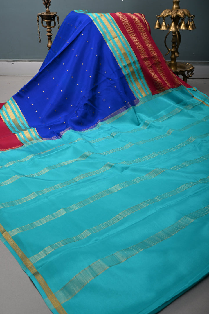 Royal Blue Pure Mysore Silk Saree with Chunri Buttis and Contrast Magenta Wide Zari Border  | SILK MARK CERTIFIED | SHOBITAM