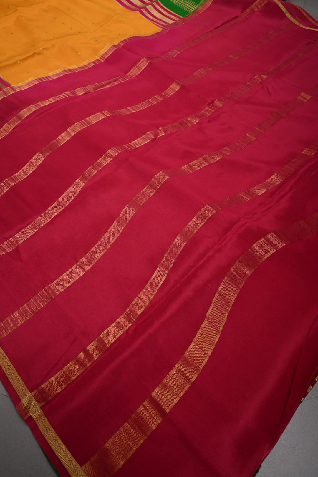 Mustard Yellow Pure Mysore Silk Saree with Chunri Buttis and Contrast Green Wide Zari Border  | SILK MARK CERTIFIED | SHOBITAM