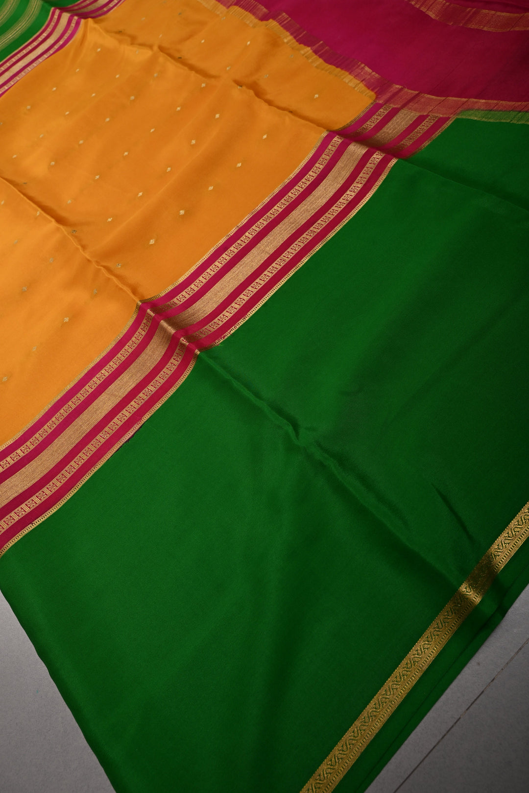 Mustard Yellow Pure Mysore Silk Saree with Chunri Buttis and Contrast Green Wide Zari Border  | SILK MARK CERTIFIED | SHOBITAM