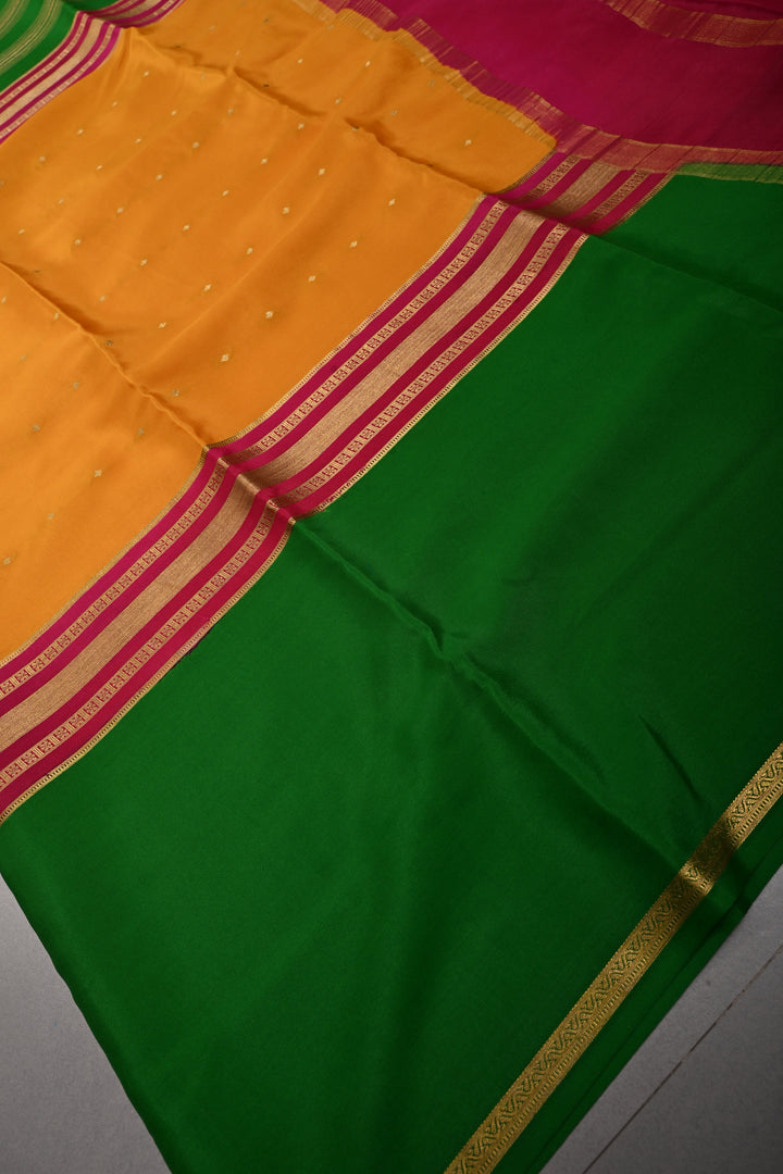 Mustard Yellow Pure Mysore Silk Saree with Chunri Buttis and Contrast Green Wide Zari Border  | SILK MARK CERTIFIED | SHOBITAM