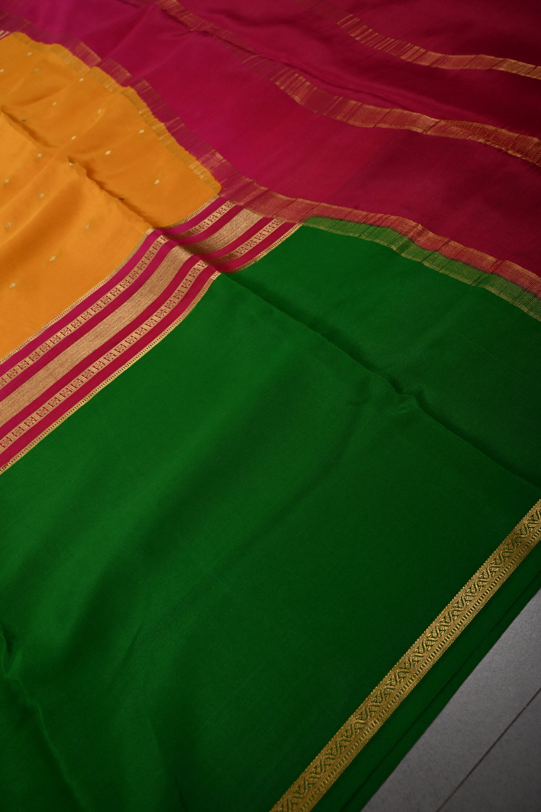 Mustard Yellow Pure Mysore Silk Saree with Chunri Buttis and Contrast Green Wide Zari Border  | SILK MARK CERTIFIED | SHOBITAM