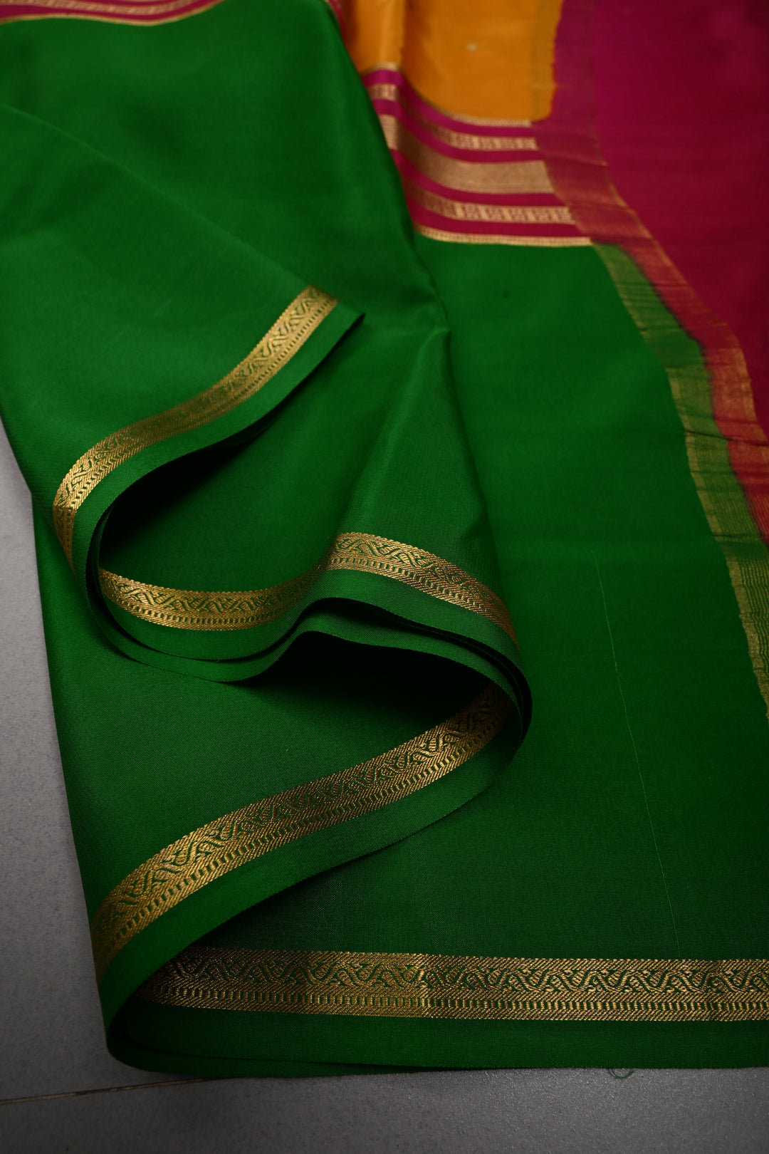 Mustard Yellow Pure Mysore Silk Saree with Chunri Buttis and Contrast Green Wide Zari Border  | SILK MARK CERTIFIED | SHOBITAM