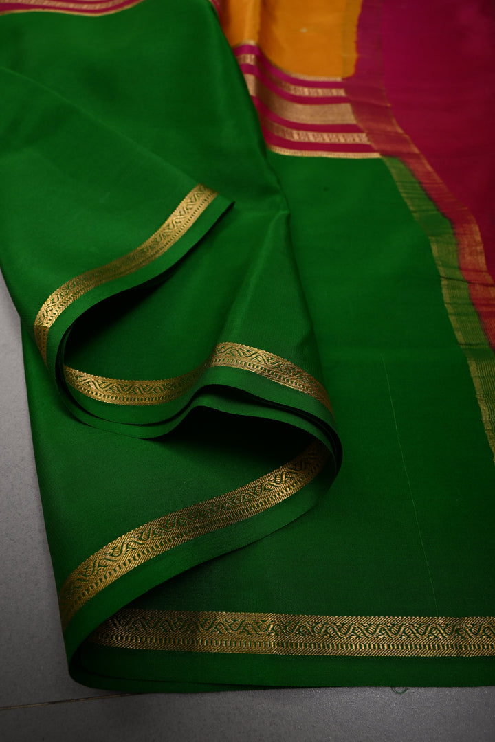 Mustard Yellow Pure Mysore Silk Saree with Chunri Buttis and Contrast Green Wide Zari Border  | SILK MARK CERTIFIED | SHOBITAM