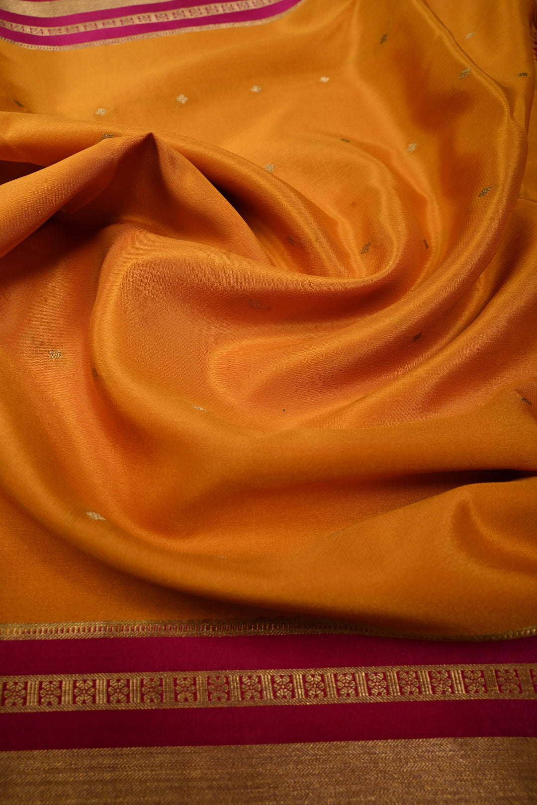Mustard Yellow Pure Mysore Silk Saree with Chunri Buttis and Contrast Green Wide Zari Border  | SILK MARK CERTIFIED | SHOBITAM