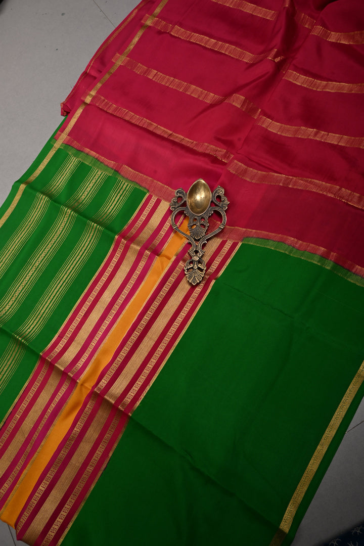 Mustard Yellow Pure Mysore Silk Saree with Chunri Buttis and Contrast Green Wide Zari Border  | SILK MARK CERTIFIED | SHOBITAM