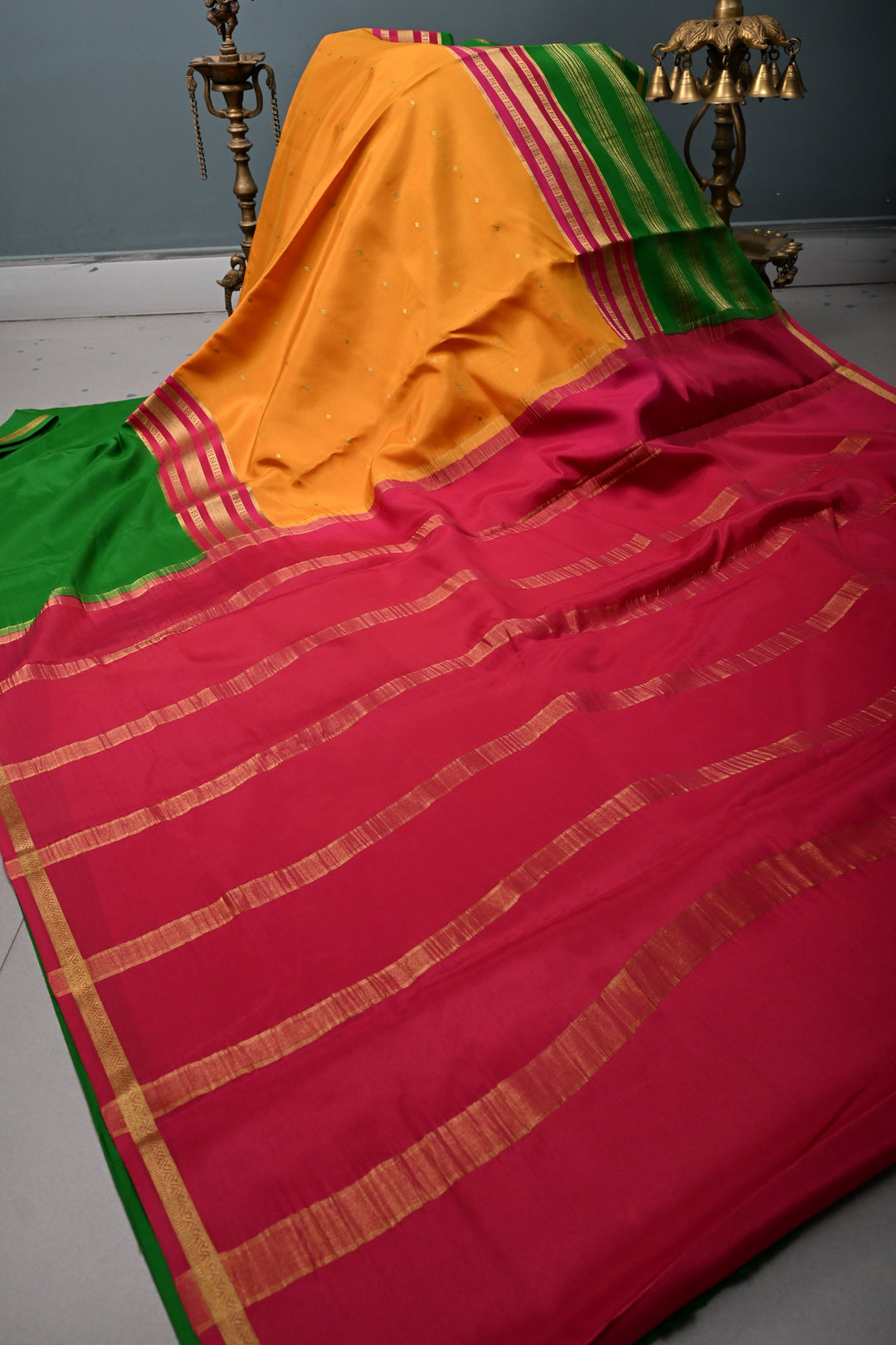 Mustard Yellow Pure Mysore Silk Saree with Chunri Buttis and Contrast Green Wide Zari Border  | SILK MARK CERTIFIED | SHOBITAM