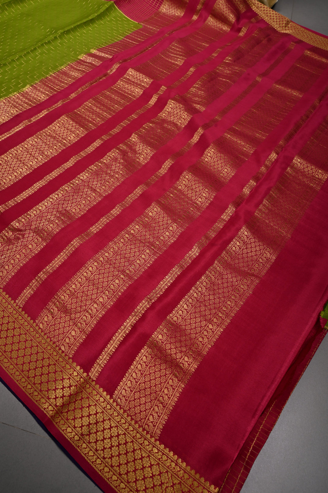 Sap Green Zari Chevron Pattern on Pure Mysore Silk Saree with Pink Checked Panel and Contrast Zari Border in KSIC Grade Thickness | SILK MARK CERTIFIED