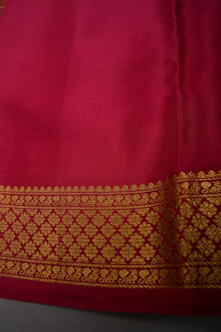 Sap Green Zari Chevron Pattern on Pure Mysore Silk Saree with Pink Checked Panel and Contrast Zari Border in KSIC Grade Thickness | SILK MARK CERTIFIED