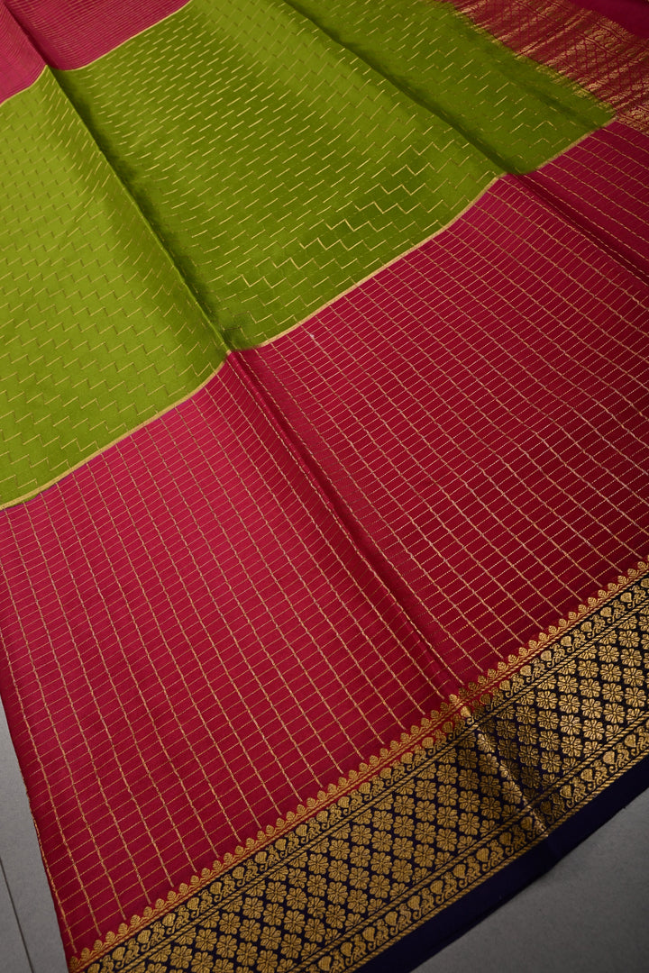 Sap Green Zari Chevron Pattern on Pure Mysore Silk Saree with Pink Checked Panel and Contrast Zari Border in KSIC Grade Thickness | SILK MARK CERTIFIED