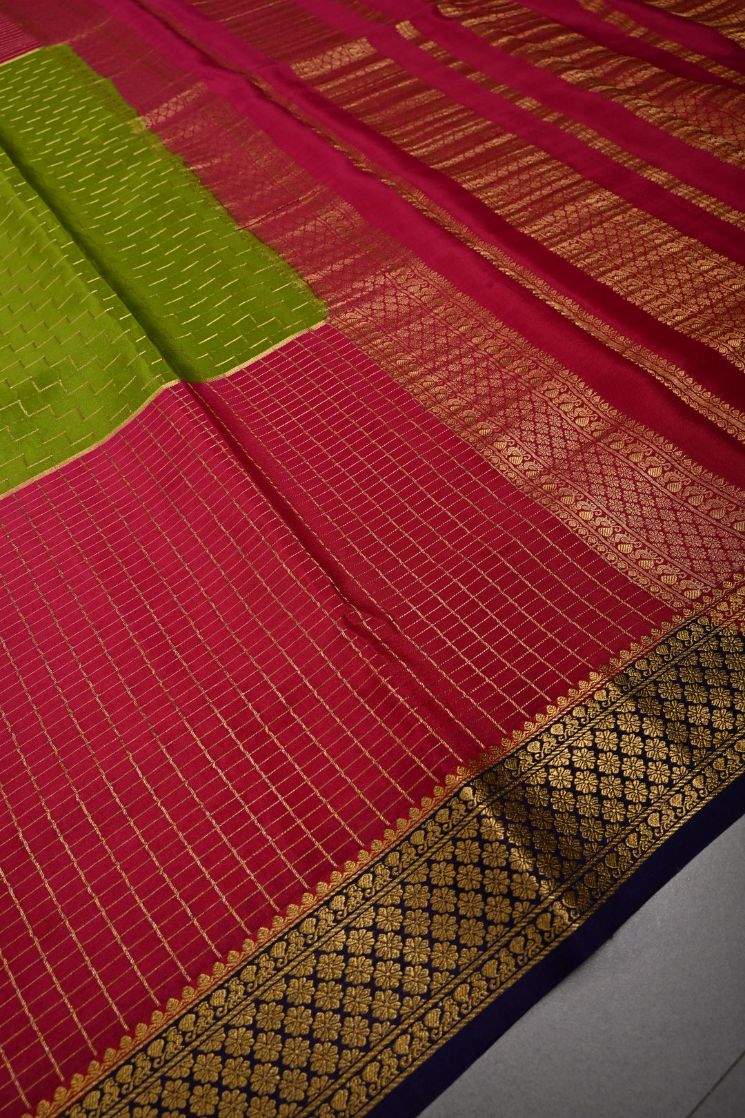 Sap Green Zari Chevron Pattern on Pure Mysore Silk Saree with Pink Checked Panel and Contrast Zari Border in KSIC Grade Thickness | SILK MARK CERTIFIED