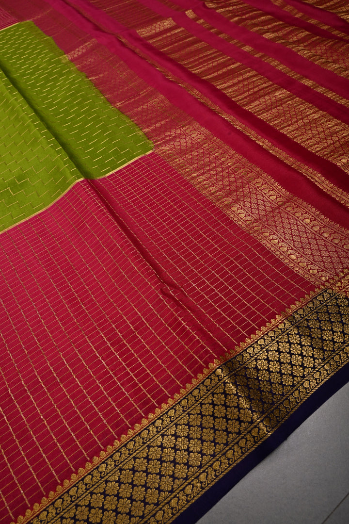 Sap Green Zari Chevron Pattern on Pure Mysore Silk Saree with Pink Checked Panel and Contrast Zari Border in KSIC Grade Thickness | SILK MARK CERTIFIED
