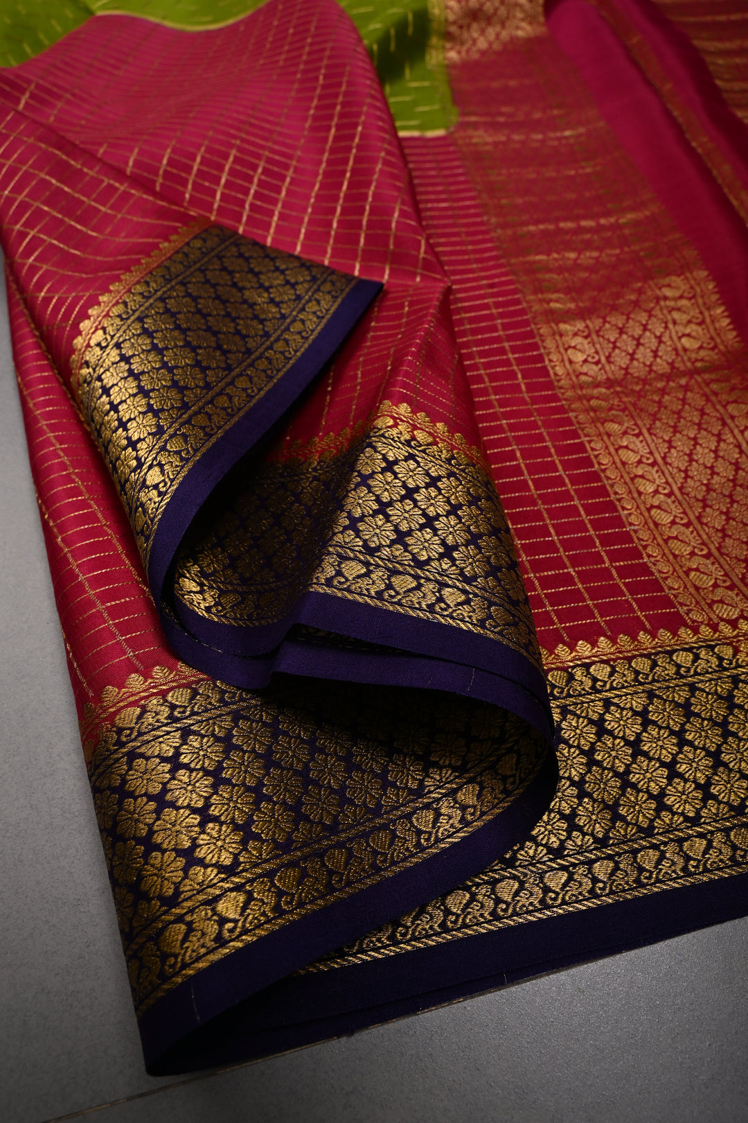 Sap Green Zari Chevron Pattern on Pure Mysore Silk Saree with Pink Checked Panel and Contrast Zari Border in KSIC Grade Thickness | SILK MARK CERTIFIED