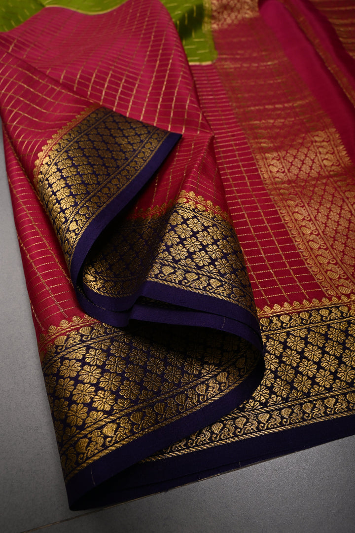 Sap Green Zari Chevron Pattern on Pure Mysore Silk Saree with Pink Checked Panel and Contrast Zari Border in KSIC Grade Thickness | SILK MARK CERTIFIED