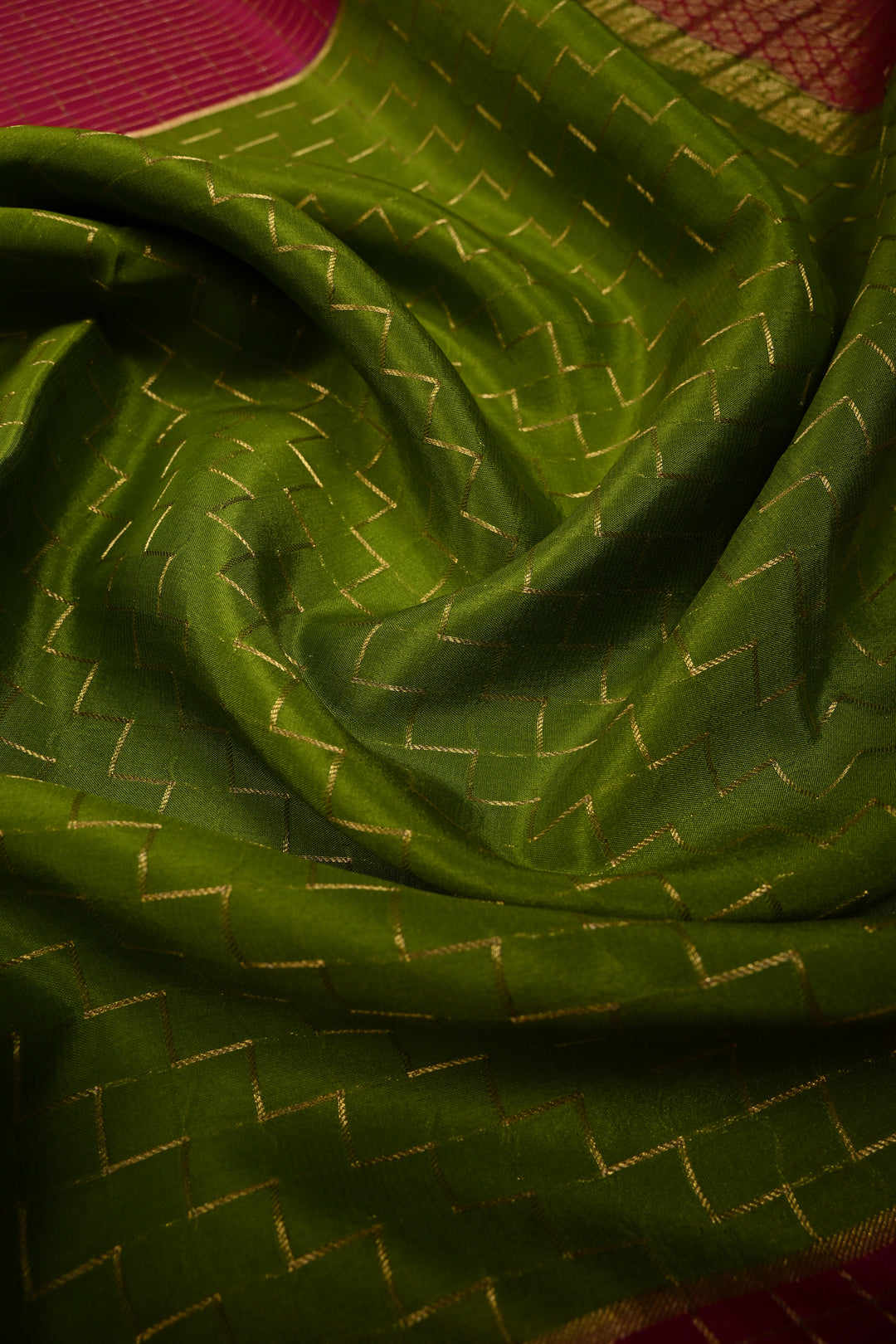 Sap Green Zari Chevron Pattern on Pure Mysore Silk Saree with Pink Checked Panel and Contrast Zari Border in KSIC Grade Thickness | SILK MARK CERTIFIED