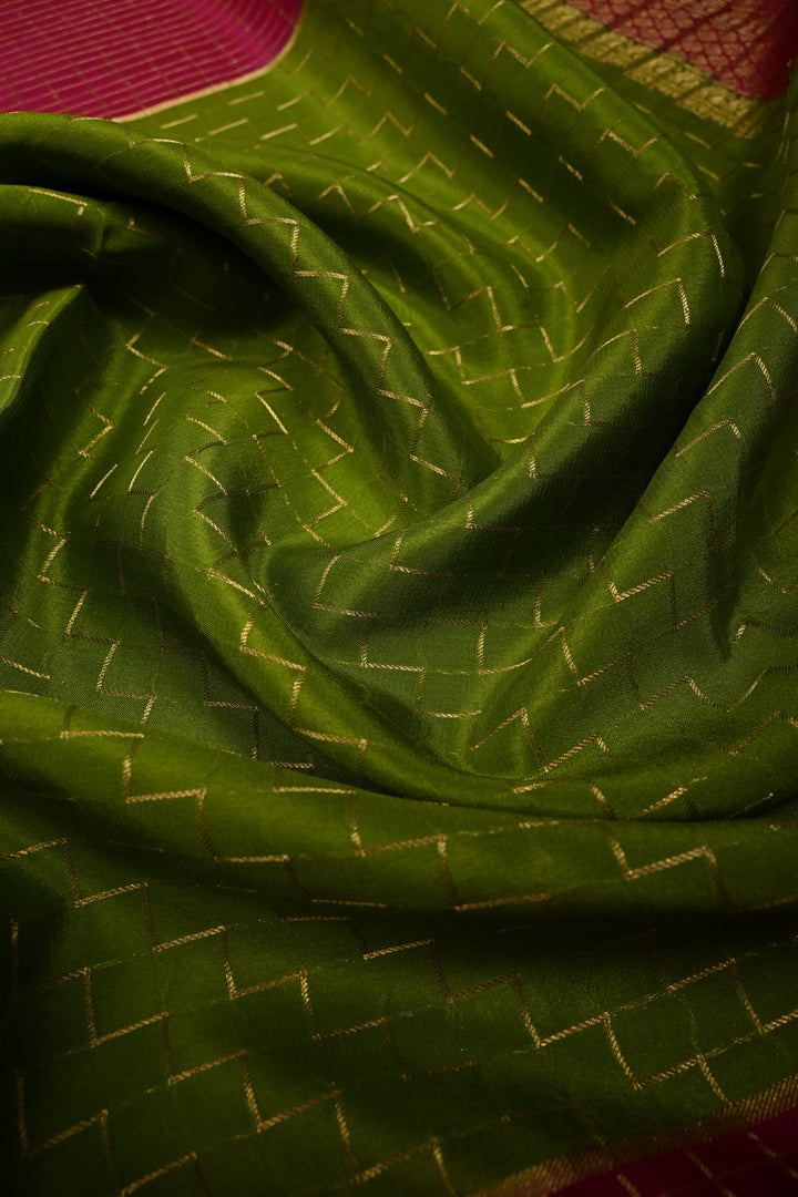 Sap Green Zari Chevron Pattern on Pure Mysore Silk Saree with Pink Checked Panel and Contrast Zari Border in KSIC Grade Thickness | SILK MARK CERTIFIED