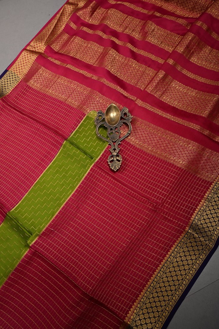 Sap Green Zari Chevron Pattern on Pure Mysore Silk Saree with Pink Checked Panel and Contrast Zari Border in KSIC Grade Thickness | SILK MARK CERTIFIED